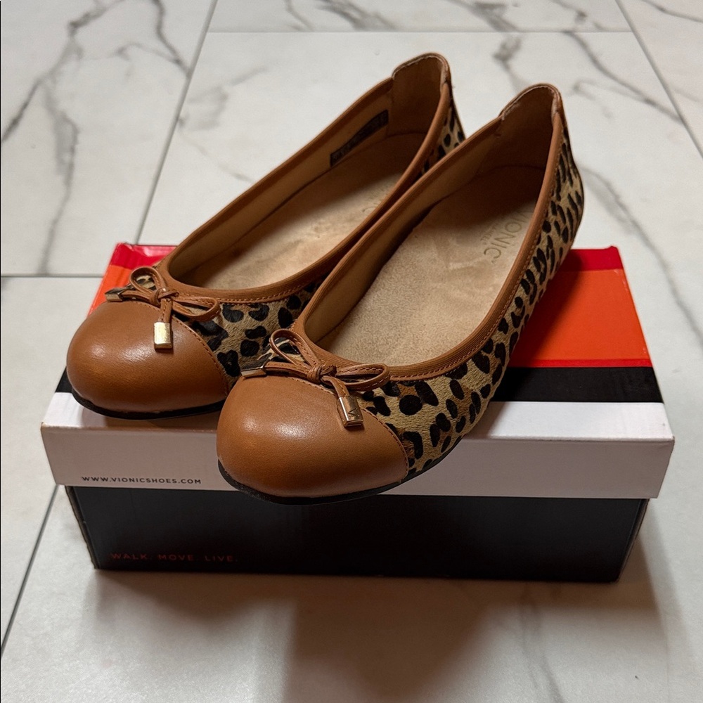 Vionic Leopard-Print Ballet Flats with Tan Leather Cap Toe Wide